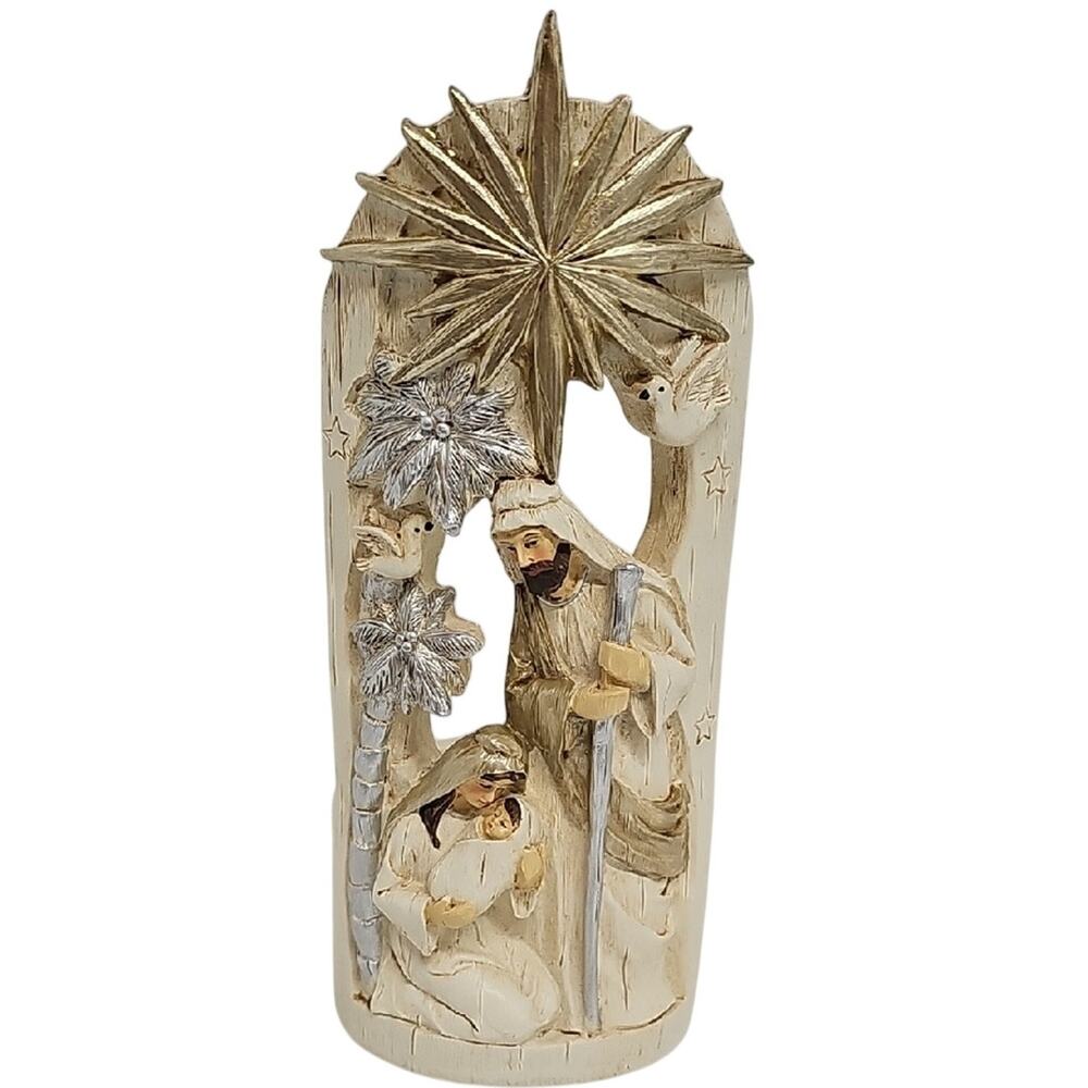 Holy Family Resin Tealite Holder with Gold and Silver Accents Nativity Scene